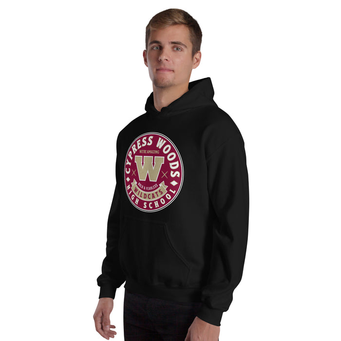 Man wearing Cypress Woods High School Wildcats Black Classic Unisex Hoodie 215