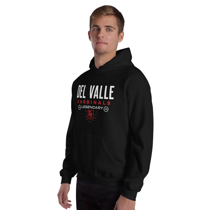 Man wearing Del Valle High School Cardinals Black Classic Unisex Hoodie 003