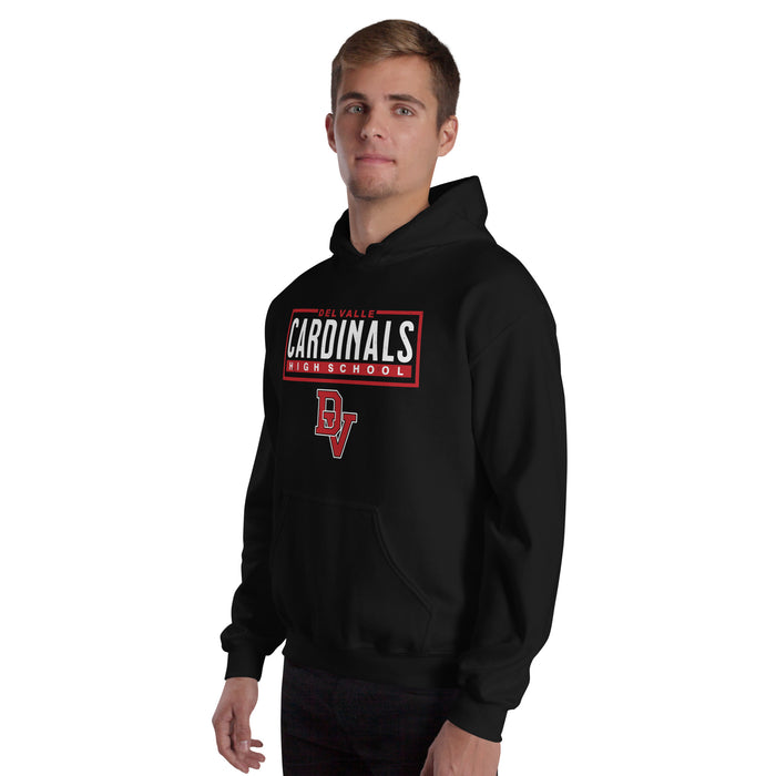 Man wearing Del Valle High School Cardinals Black Classic Unisex Hoodie 049