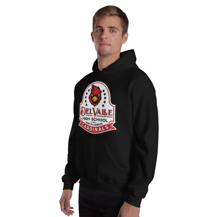 Man wearing Del Valle High School Cardinals Black Classic Unisex Hoodie 219
