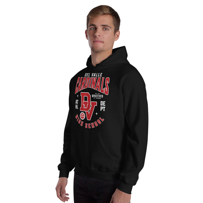Man wearing Del Valle High School Cardinals Black Classic Unisex Hoodie 213