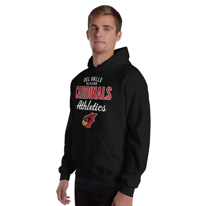 Man wearing Del Valle High School Cardinals Black Classic Unisex Hoodie 034
