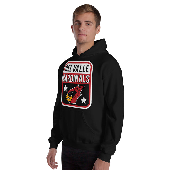 Man wearing Del Valle High School Cardinals Black Classic Unisex Hoodie 001