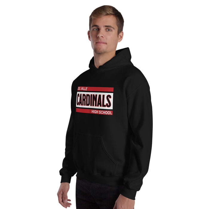 Man wearing Del Valle High School Cardinals Black Classic Unisex Hoodie 098