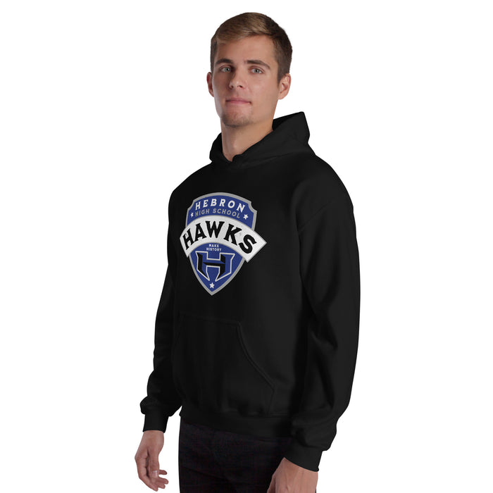 Man wearing Hebron High School Hawks Black Classic Unisex Hoodie 221