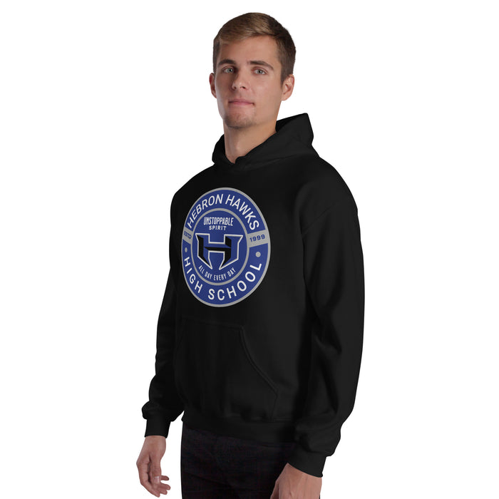 Man wearing Hebron High School Hawks Black Classic Unisex Hoodie 239