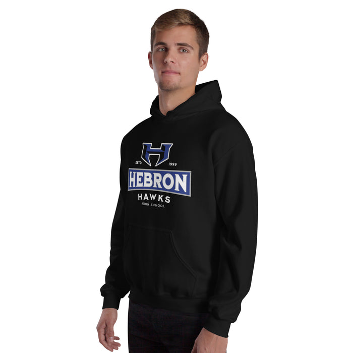 Man wearing Hebron High School Hawks Black Classic Unisex Hoodie 202