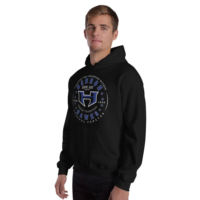 Man wearing Hebron High School Hawks Black Classic Unisex Hoodie 214
