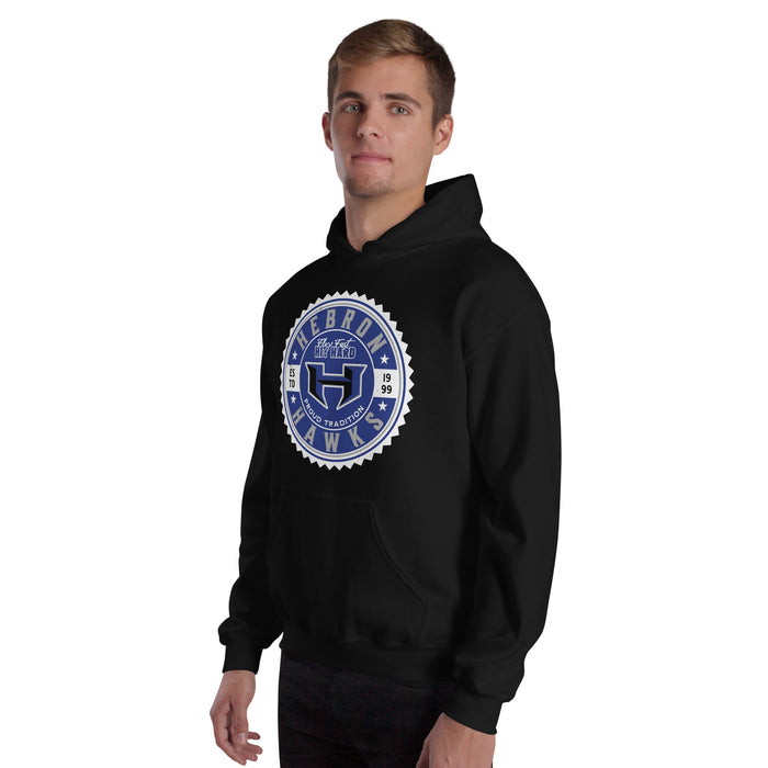 Man wearing Hebron High School Hawks Black Classic Unisex Hoodie 203