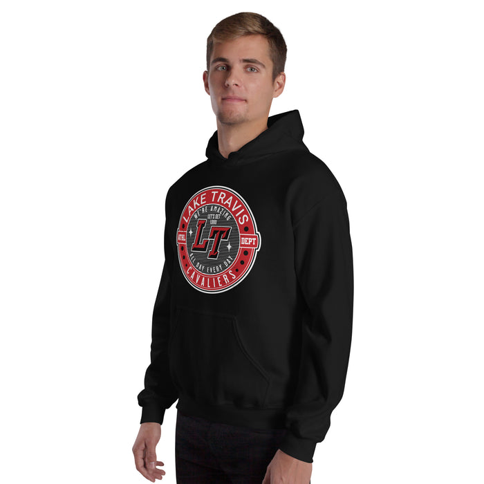 Man wearing Lake Travis High School Cavaliers Black Classic Unisex Hoodie 224