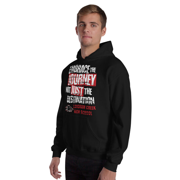 Man wearing Langham Creek High School Lobos Black Classic Unisex Hoodie 232