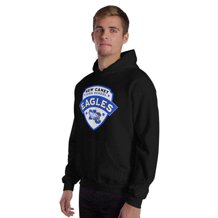 Man wearing New Caney High School Eagles Black Classic Unisex Hoodie 221