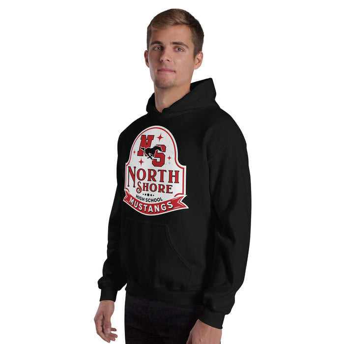 Man wearing North Shore High School Mustangs Black Classic Unisex Hoodie 219