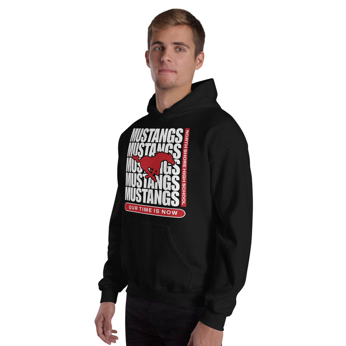 Man wearing North Shore High School Mustangs Black Classic Unisex Hoodie 235