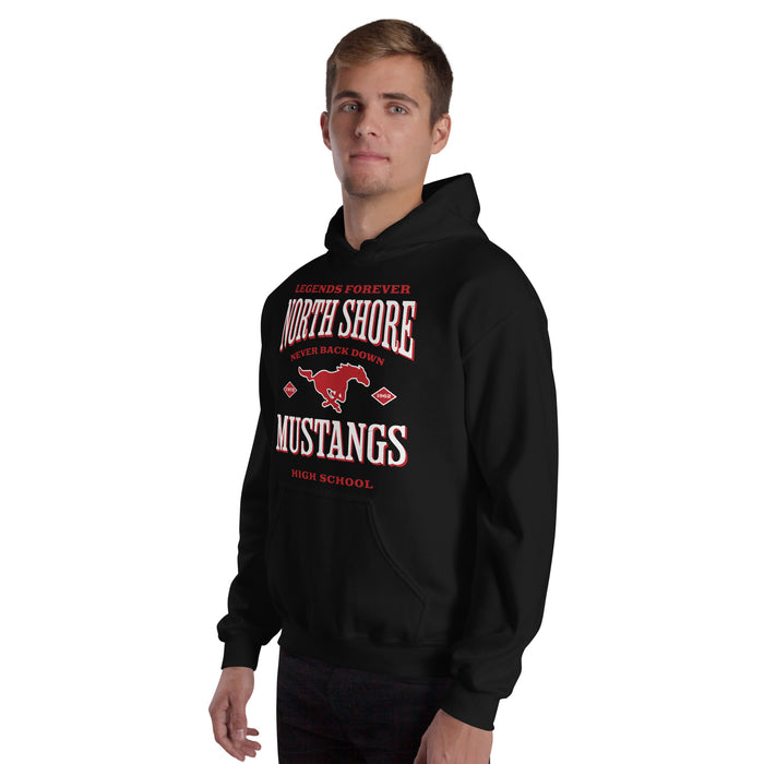 Man wearing North Shore High School Mustangs Black Classic Unisex Hoodie 230