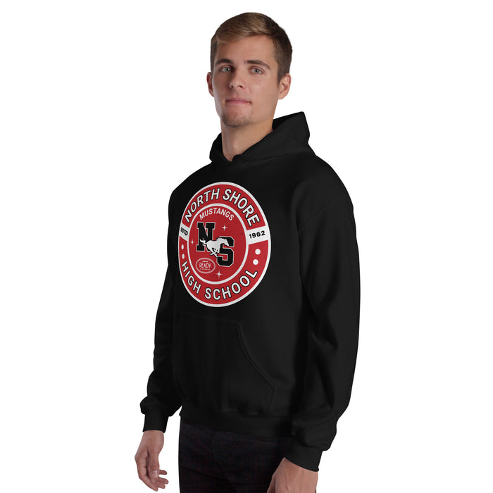Man wearing North Shore High School Mustangs Black Classic Unisex Hoodie 239