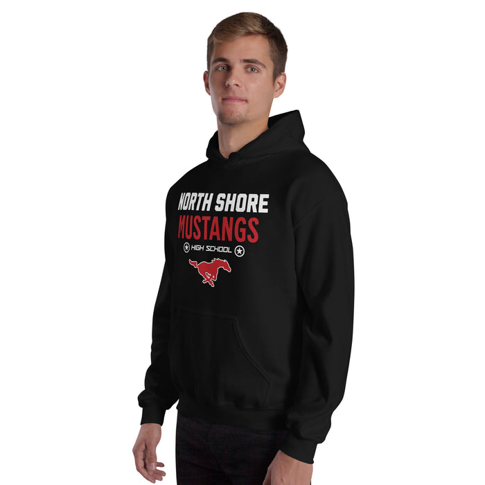 Man wearing North Shore High School Mustangs Black Classic Unisex Hoodie 003