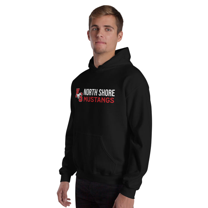 Man wearing North Shore High School Mustangs Black Classic Unisex Hoodie 200