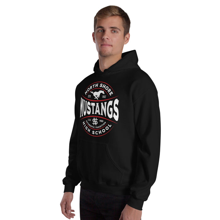 Man wearing North Shore High School Mustangs Black Classic Unisex Hoodie 218