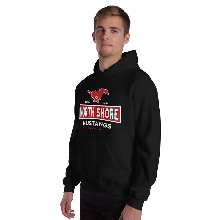 Man wearing North Shore High School Mustangs Black Classic Unisex Hoodie 202
