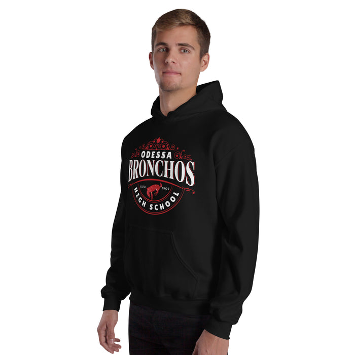 Man wearing Odessa High School Bronchos Black Classic Unisex Hoodie 211