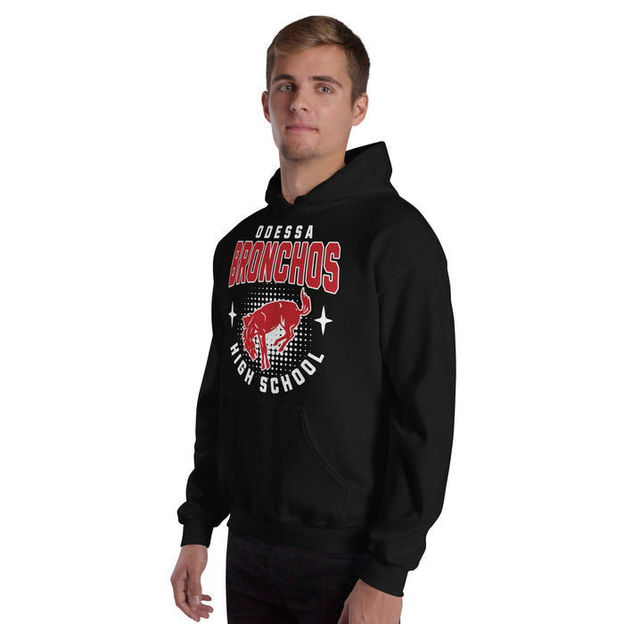 Man wearing Odessa High School Bronchos Black Classic Unisex Hoodie 204