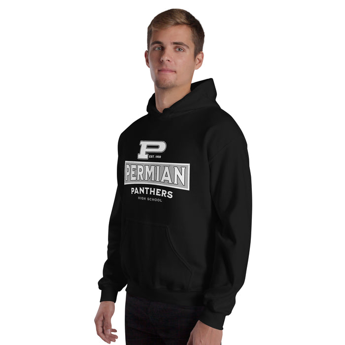 Man wearing Permian High School Panthers Black Classic Unisex Hoodies 202