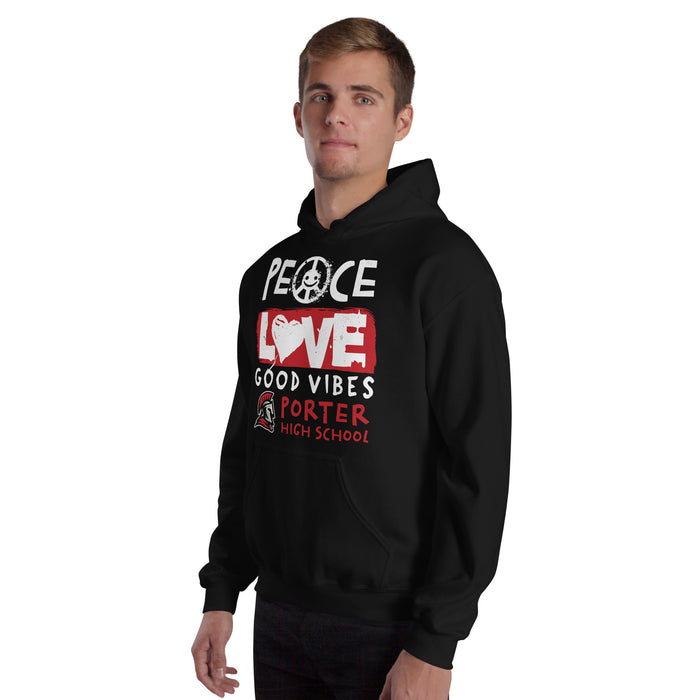 Man wearing Porter High School Spartans Black Classic Unisex Hoodie 240