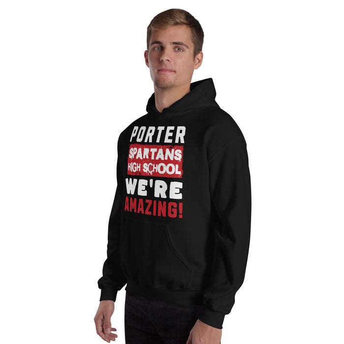 Man wearing Porter High School Spartans Black Classic Unisex Hoodie 231