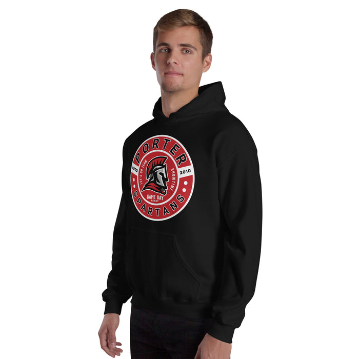 Man wearing Porter High School Spartans Black Classic Unisex Hoodie 239