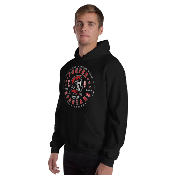 Man wearing Porter High School Spartans Black Classic Unisex Hoodie 214