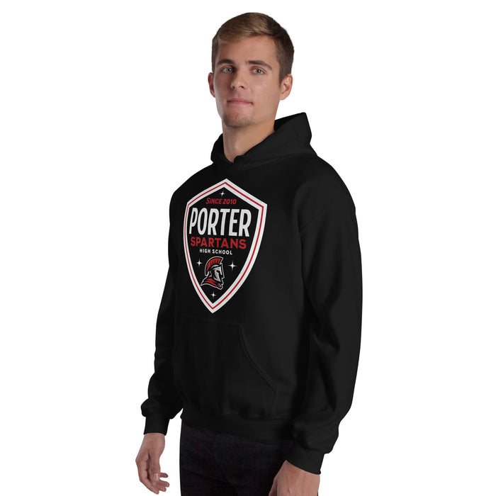 Man wearing Porter High School Spartans Black Classic Unisex Hoodie 225