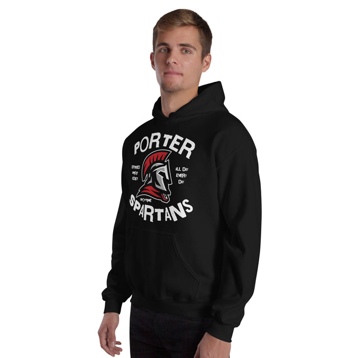 Man wearing Porter High School Spartans Black Classic Unisex Hoodie 228