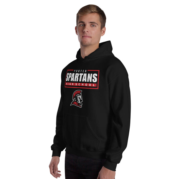 Man wearing Porter High School Spartans Black Classic Unisex Hoodie 049