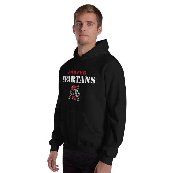 Man wearing Porter High School Spartans Black Classic Unisex Hoodie 017