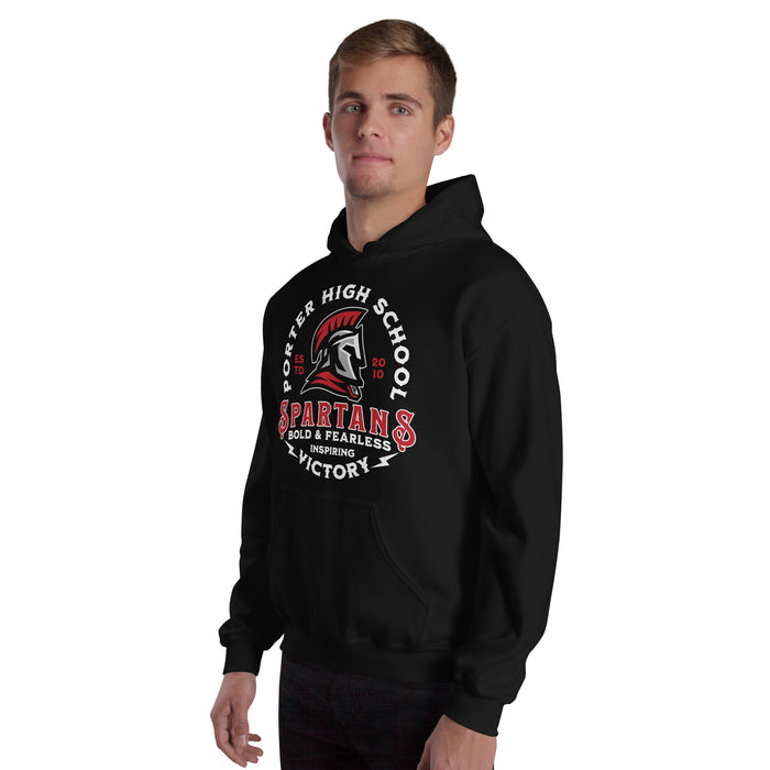 Man wearing Porter High School Spartans Black Classic Unisex Hoodie 206
