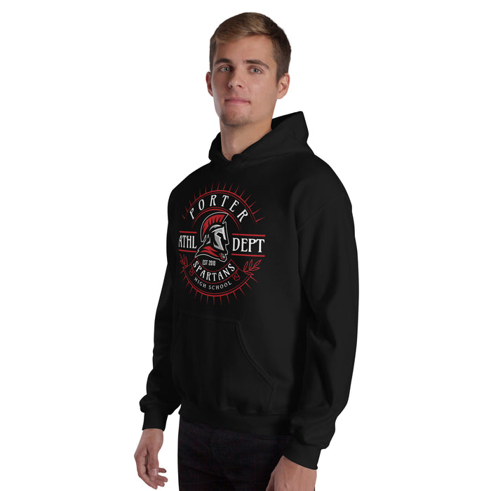 Man wearing Porter High School Spartans Black Classic Unisex Hoodie 201