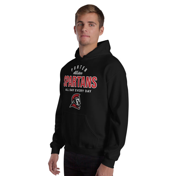 Man wearing Porter High School Spartans Black Classic Unisex Hoodie 040