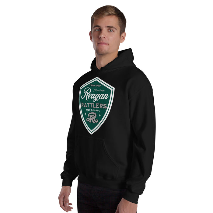 Man wearing Reagan High School Rattlers Black Classic Unisex Hoodie 225