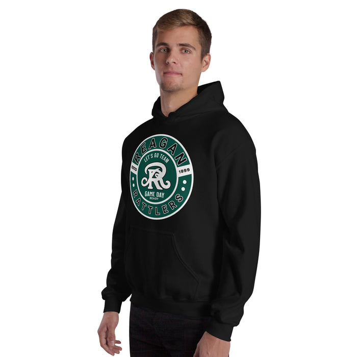 Man wearing Reagan High School Rattlers Black Classic Unisex Hoodie 239