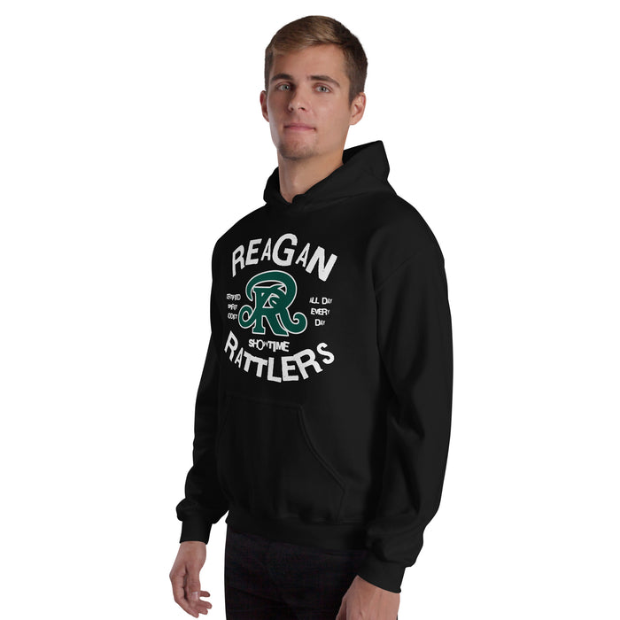 Man wearing Reagan High School Rattlers Black Classic Unisex Hoodie 228