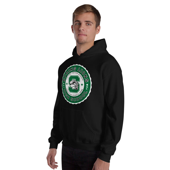 Man wearing Spring High School Lions Black Classic Unisex Hoodie 216