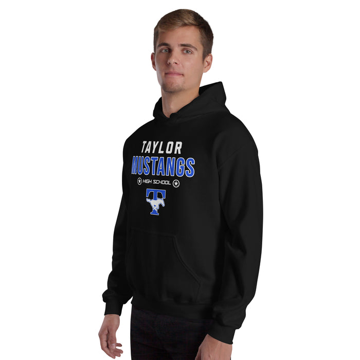 Man wearing Taylor High School Mustangs Black Classic Unisex Hoodie 003