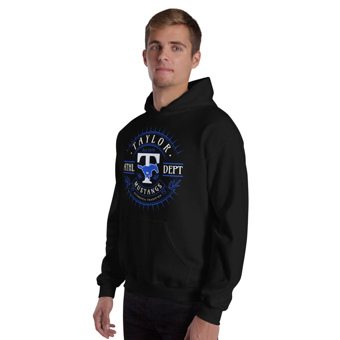 Man wearing Taylor High School Mustangs Black Classic Unisex Hoodie 201