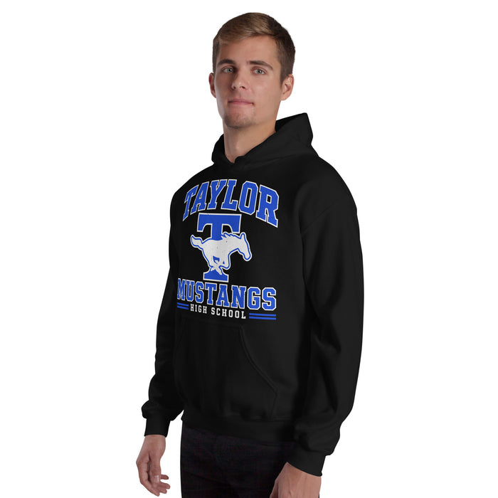 Man wearing Taylor High School Mustangs Black Classic Unisex Hoodie 060