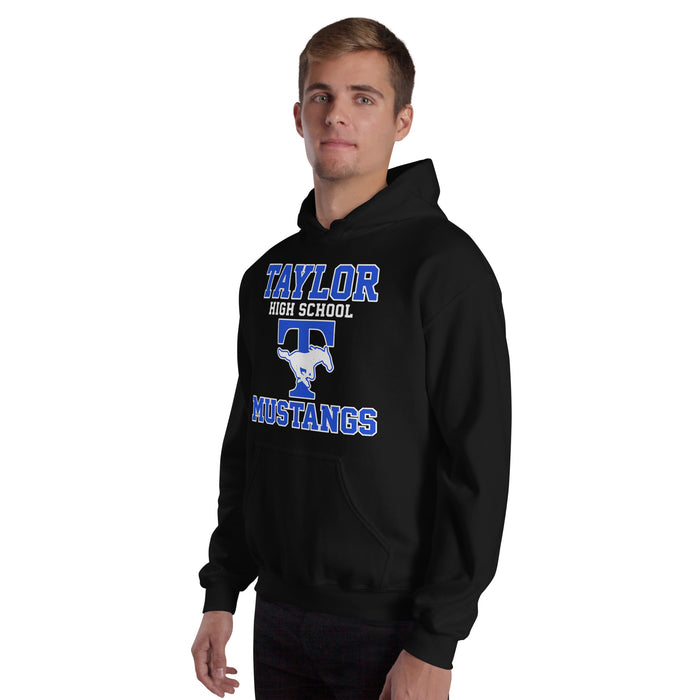 Man wearing Taylor High School Mustangs Black Classic Unisex Hoodie 006
