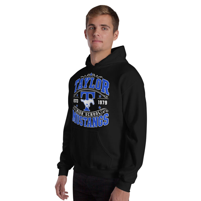 Man wearing Taylor High School Mustangs Black Classic Unisex Hoodie 030