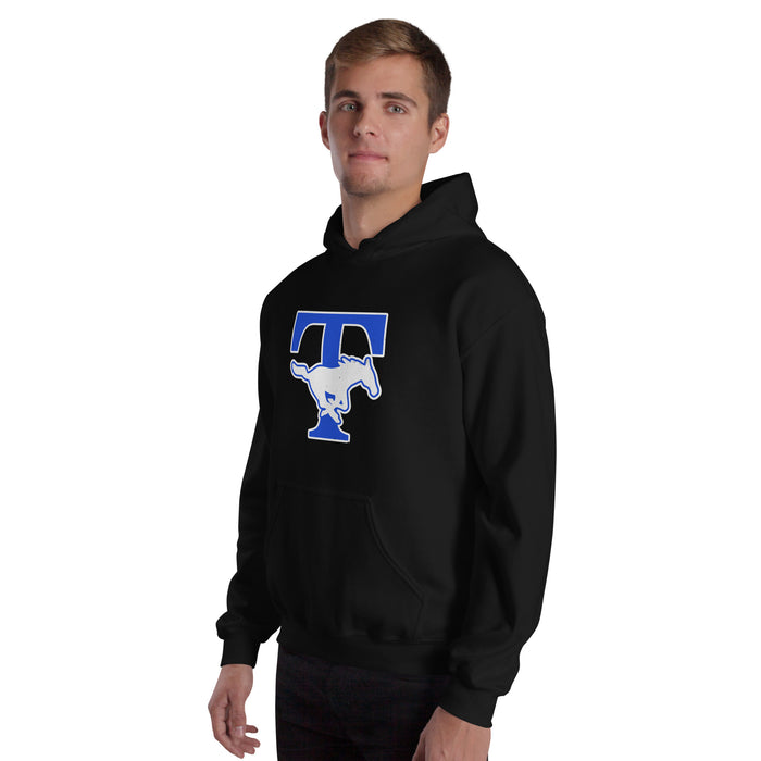 Man wearing Taylor High School Mustangs Black Classic Unisex Hoodie 200