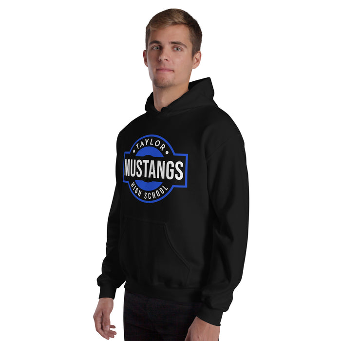 Man wearing Taylor High School Mustangs Black Classic Unisex Hoodie 011