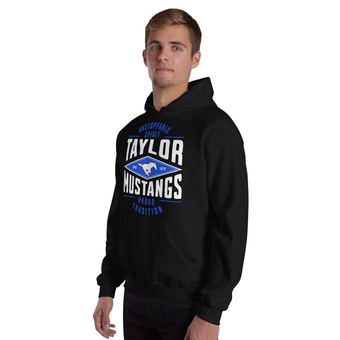 Man wearing Taylor High School Mustangs Black Classic Unisex Hoodie 210